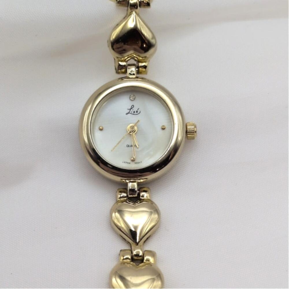 VTG Lizé Gold Tone Heart Bracelet Band Quartz Ladies Watch Japan - New Battery
